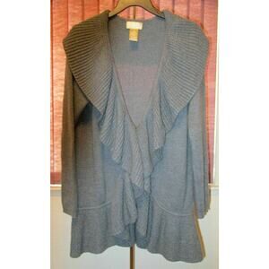 Womens Cardigan Sweater L 12-14 Gray Cottagecore Coquette Ruffles Boho Retro